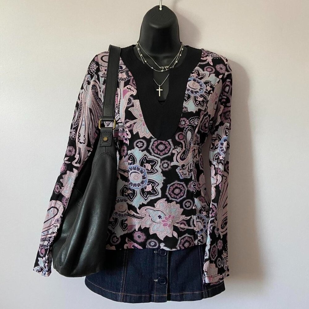 y2k 2000s micro mesh floral paisley print long sleeve whimsigoth fairy top